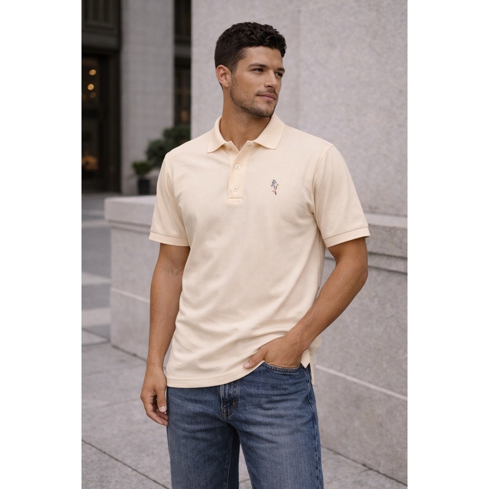 Greg Norman Play Dry Mens m Pale Yellow Short Sleeve Golf Polo Shirt Shark Logo - Picture 1 of 9